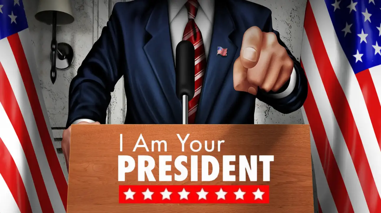U.S. President pointing behind podium with game title displayed