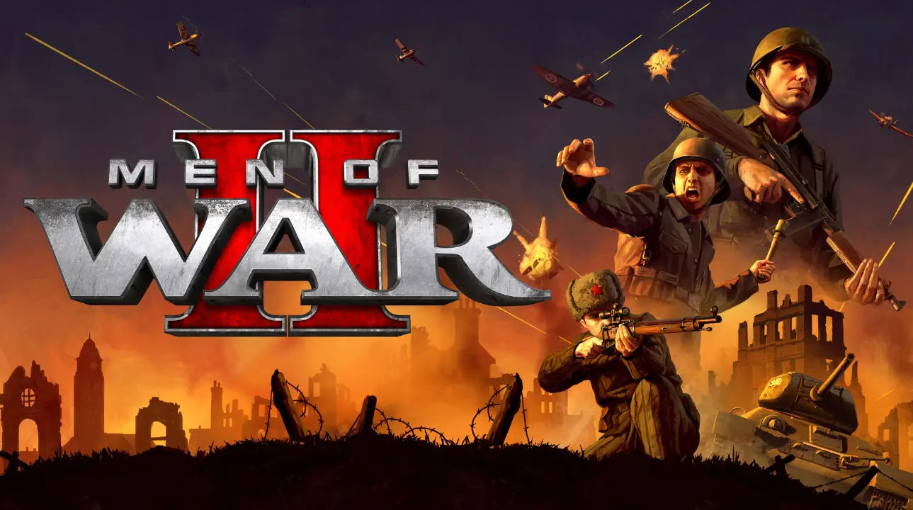 Key art for Men of War II showing WWII soldiers, tanks, and planes in battle.