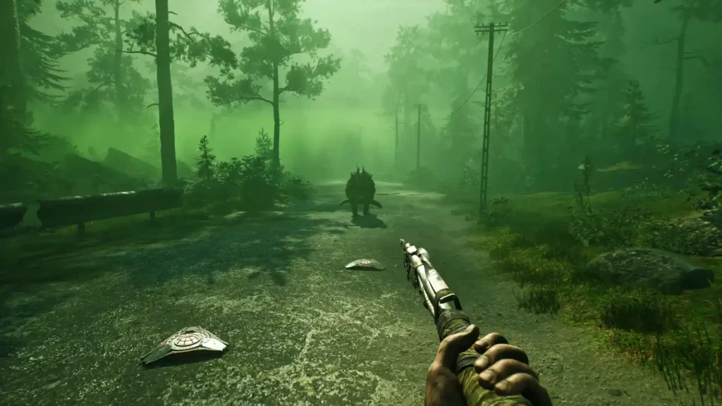 SERUM gameplay screenshot showing spear in toxic green forest – survival game scene