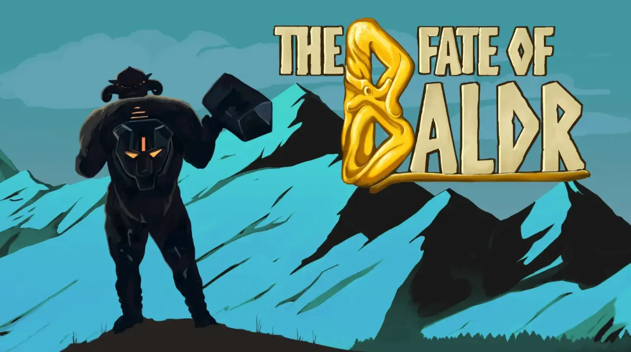Stylized artwork of a futuristic Viking warrior with a hammer standing before icy mountains, alongside the golden logo for “The Fate of Baldr.”