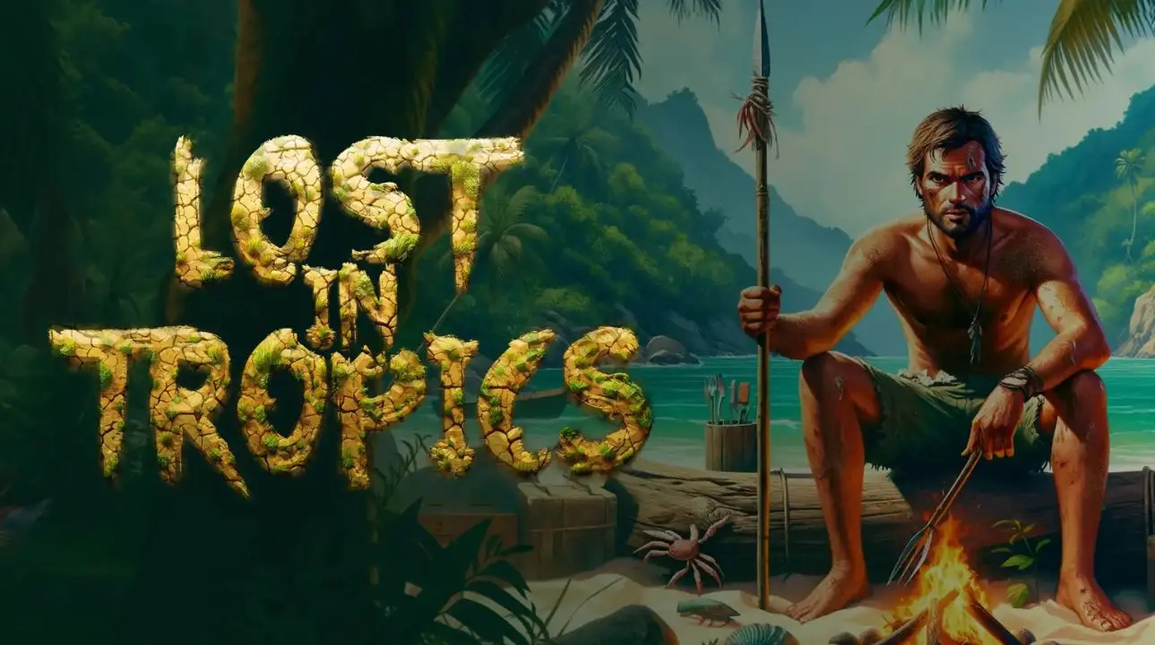 Lost in Tropics game key art showing protagonist on a tropical island