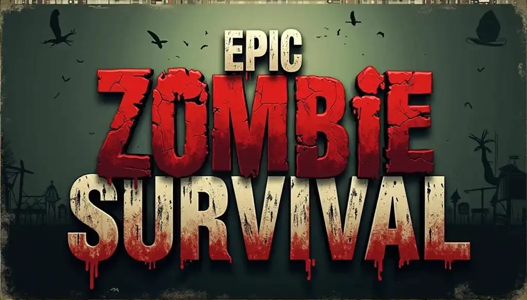 Distressed red “EPIC ZOMBIE SURVIVAL” logo on a dark green background with grunge splatter; silhouettes of birds, towers, and industrial structures in the distance.
