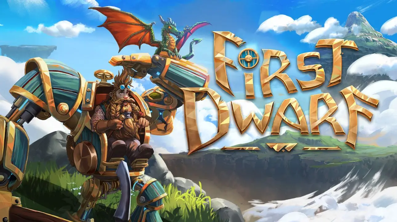 First Dwarf game artwork – dwarves explore floating islands with mechs and dragons in a survival RPG adventure.