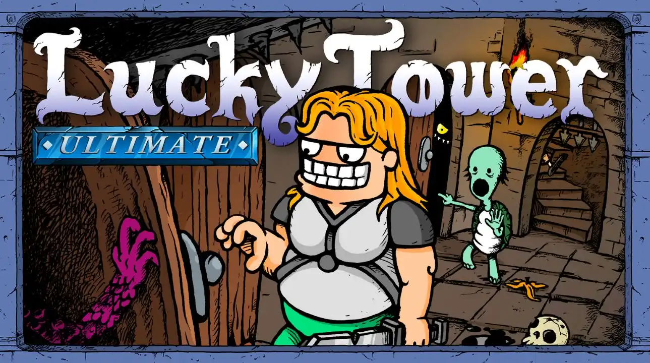 Lucky Tower Ultimate gameplay screenshot featuring knight and quirky fantasy artwork
