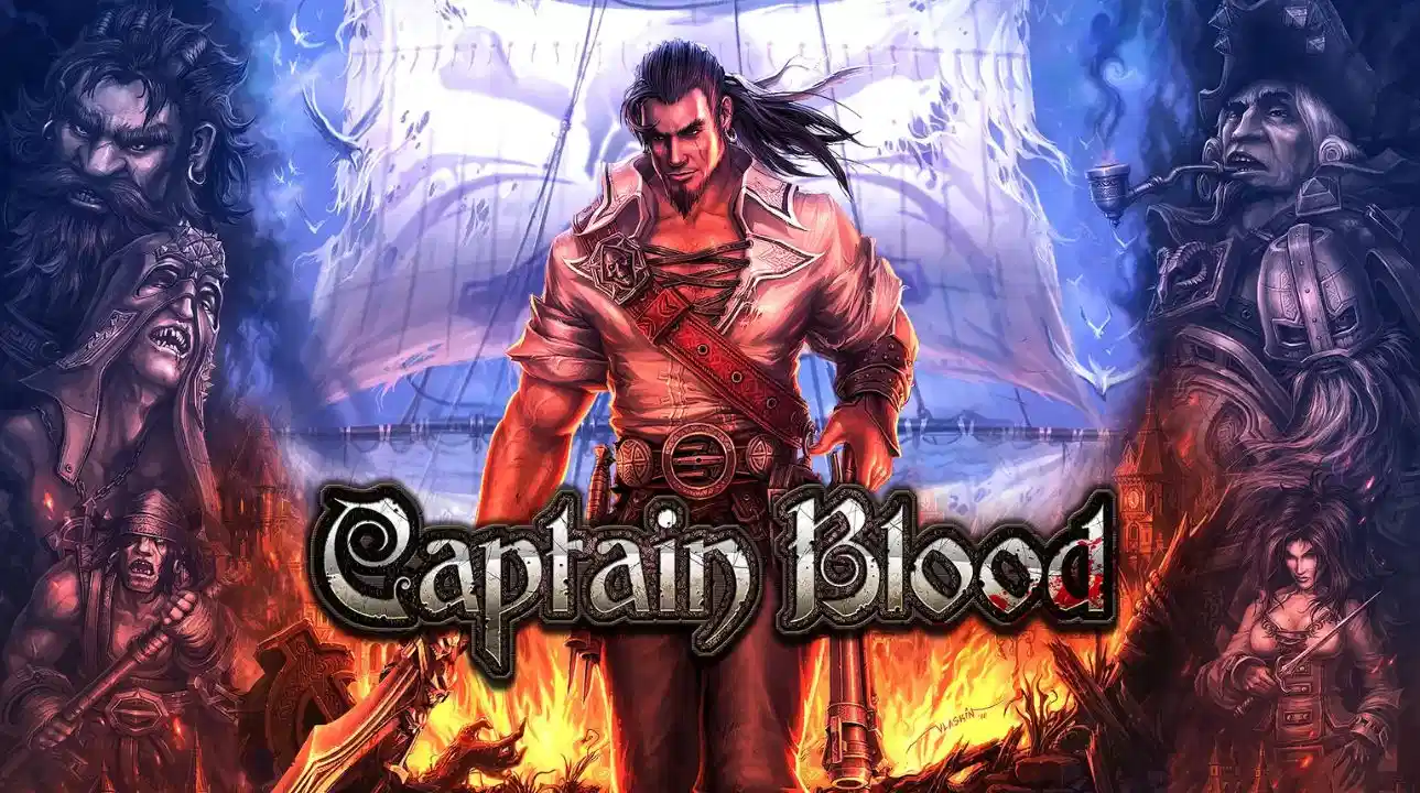 Captain Blood pirate adventure game cover art featuring swashbuckling action and ships at sea.