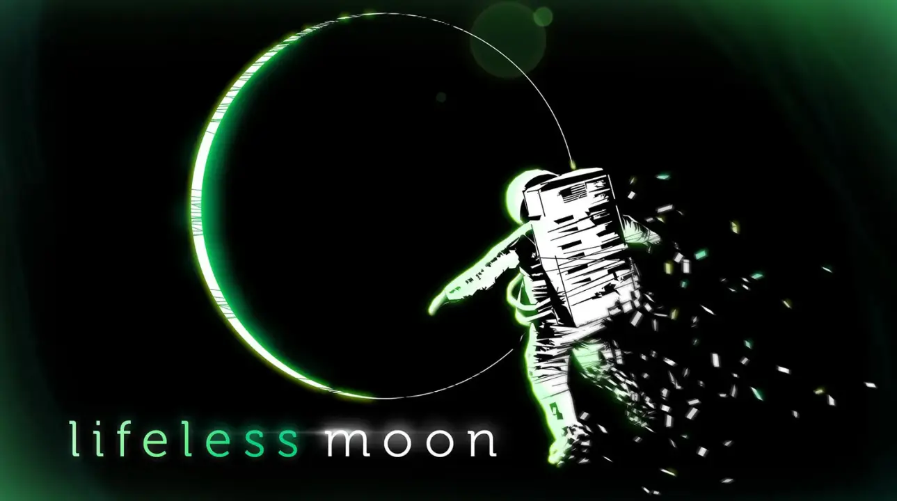 Astronaut standing on the Moon with glowing green eclipse behind, Lifeless Moon game art