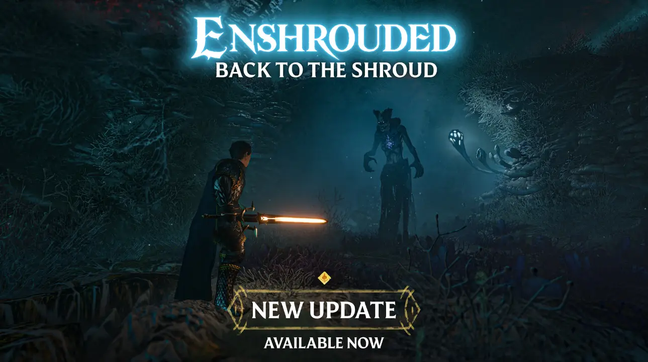 Enshrouded update: warrior faces monster in dark forest scene
