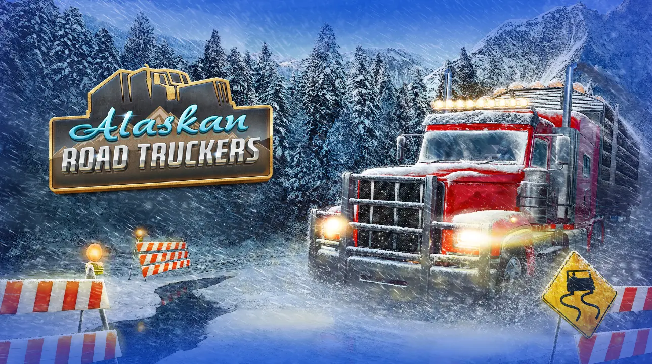 A red semi-truck driving through a snowy Alaskan road with caution signs and barriers, promoting the game "Alaskan Road Truckers" against a forest and mountain backdrop.