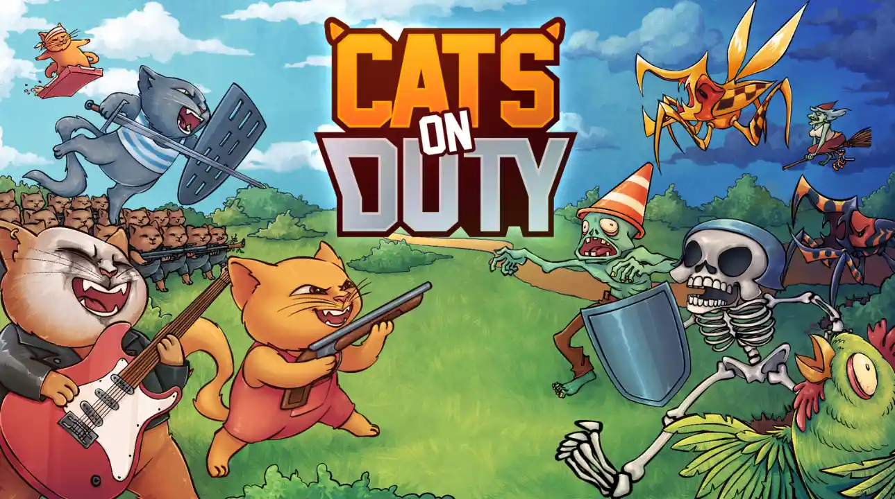 Cartoon cats battle zombies and skeletons in Cats on Duty artwork.
