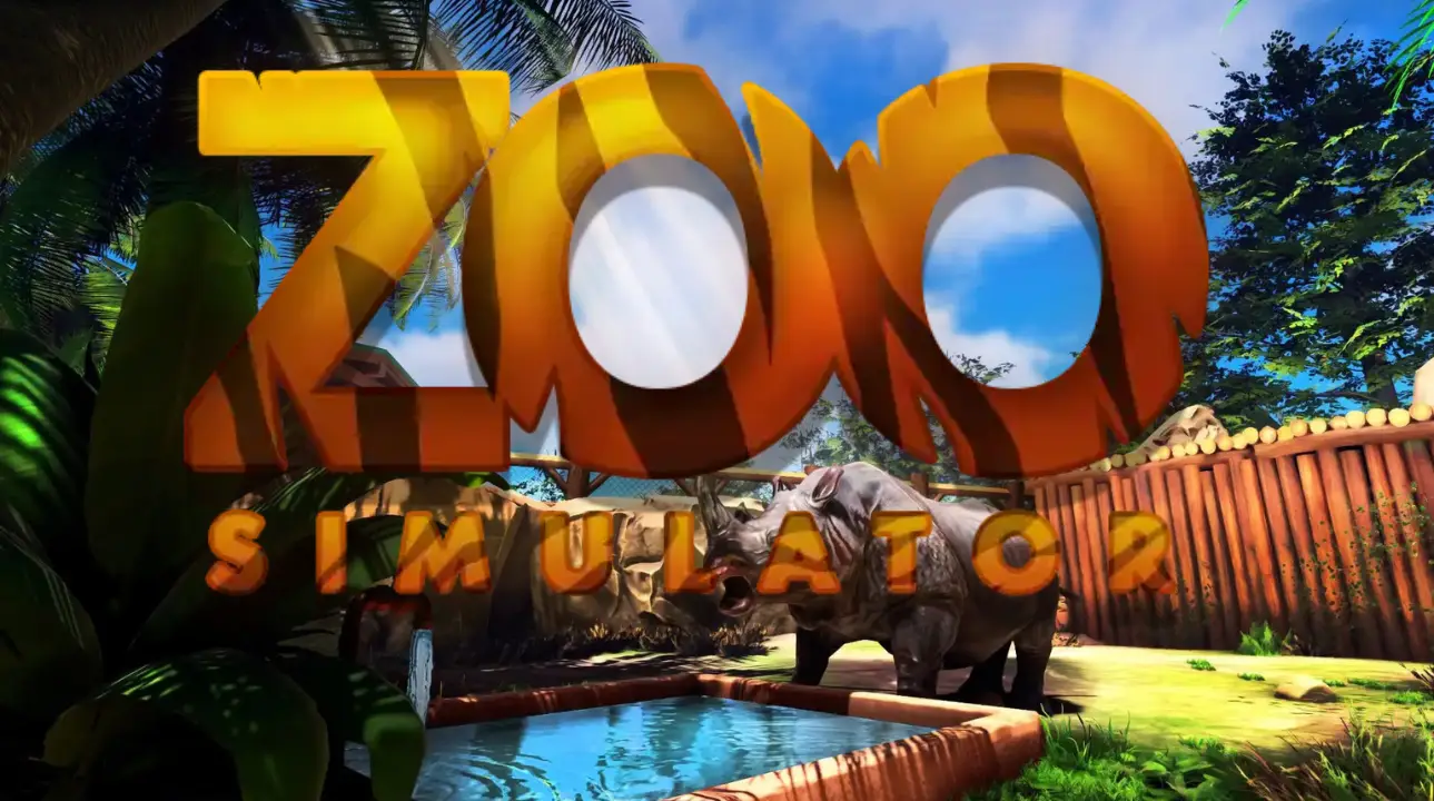 Zoo Simulator logo with rhino near water in jungle enclosure
