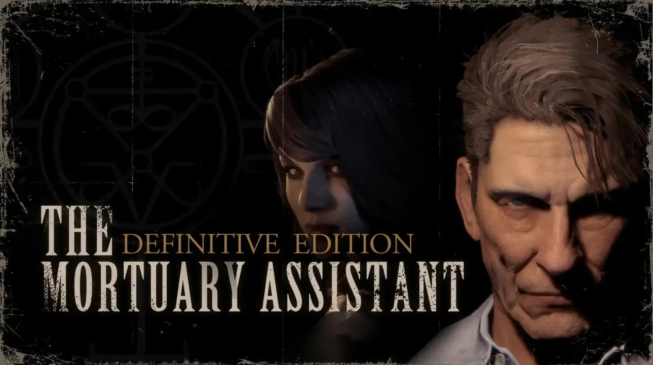 Promotional image for The Mortuary Assistant: Definitive Edition showing Rebecca Owens and dark mortuary background