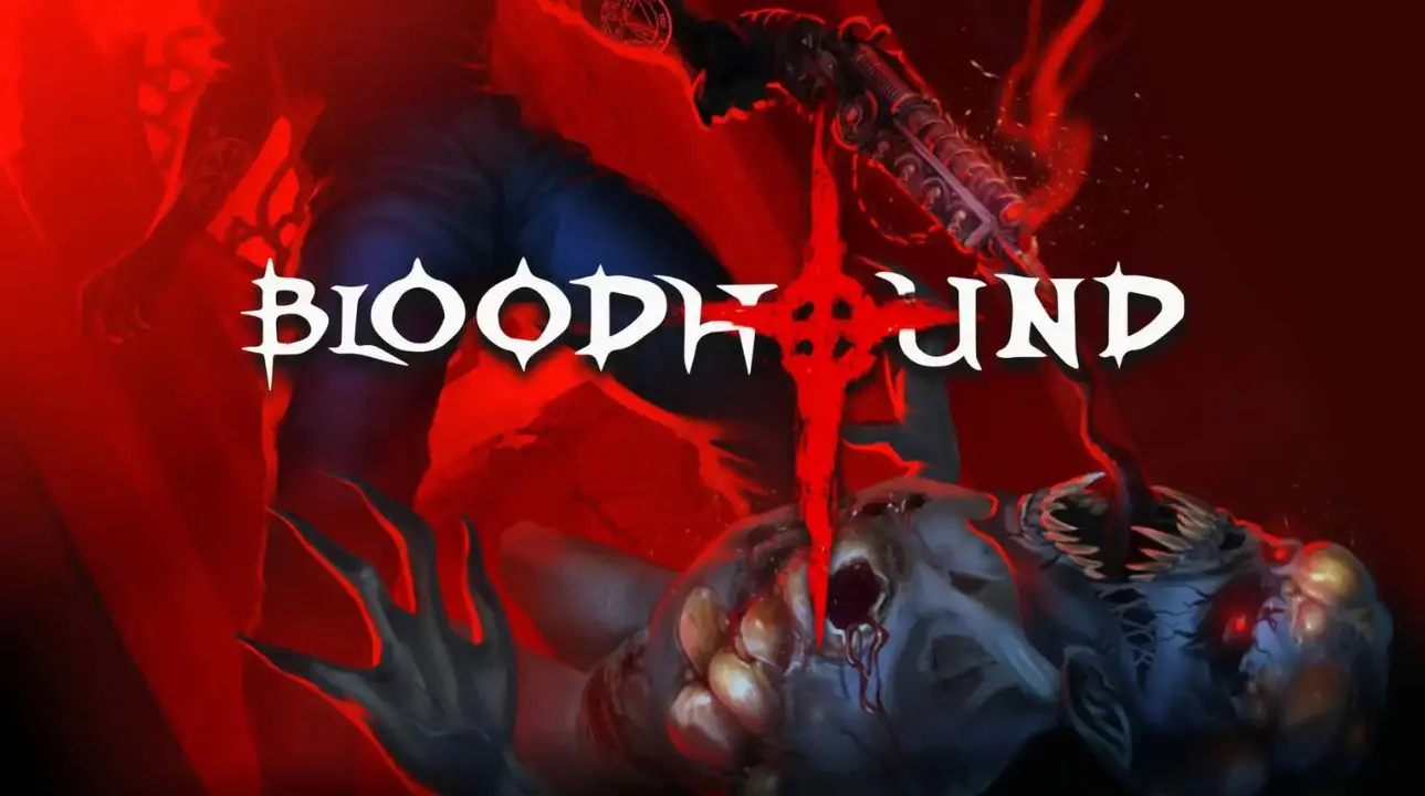 Bloodhound retro FPS game artwork with demonic enemies and fiery theme