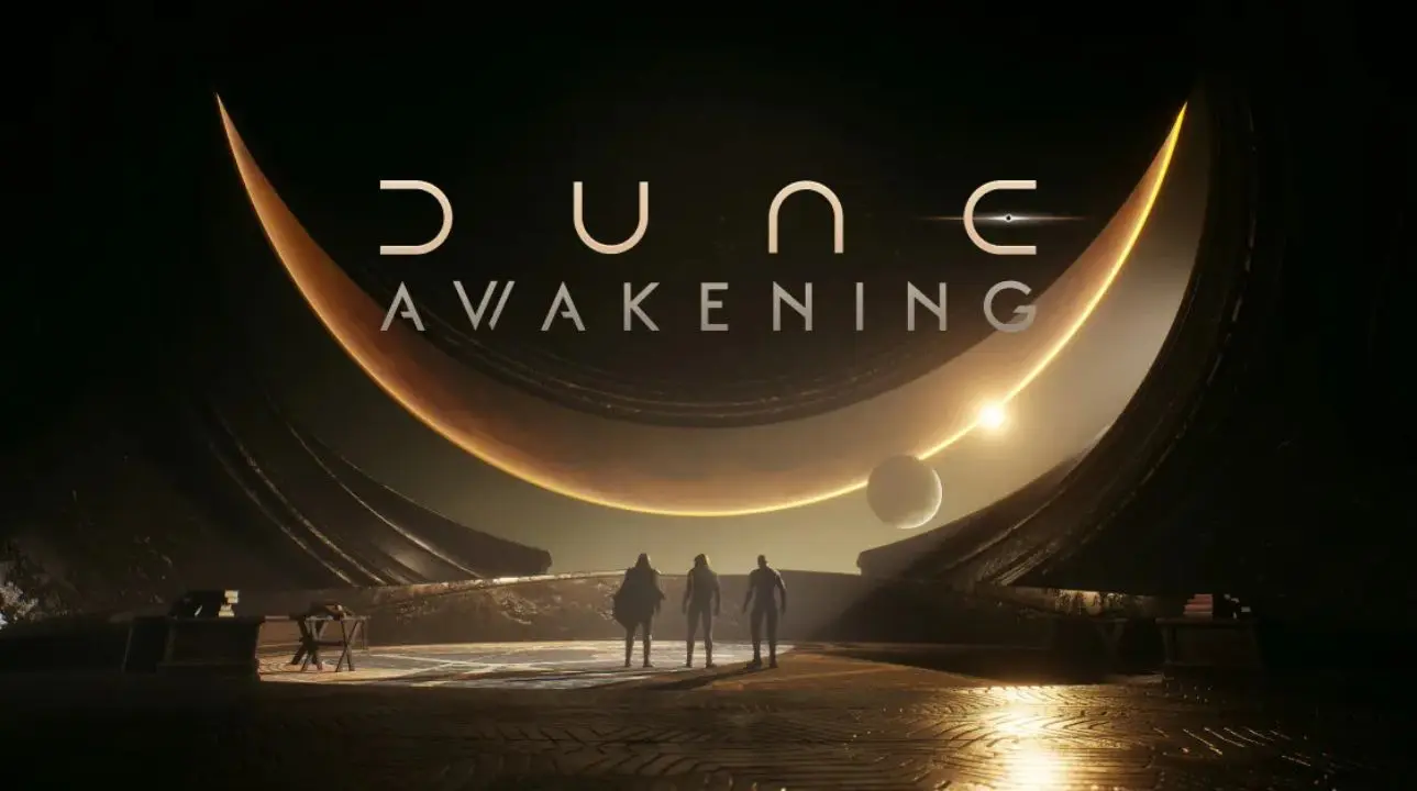 Dune: Awakening official artwork showing the iconic Arrakis desert setting with a massive sandworm looming
