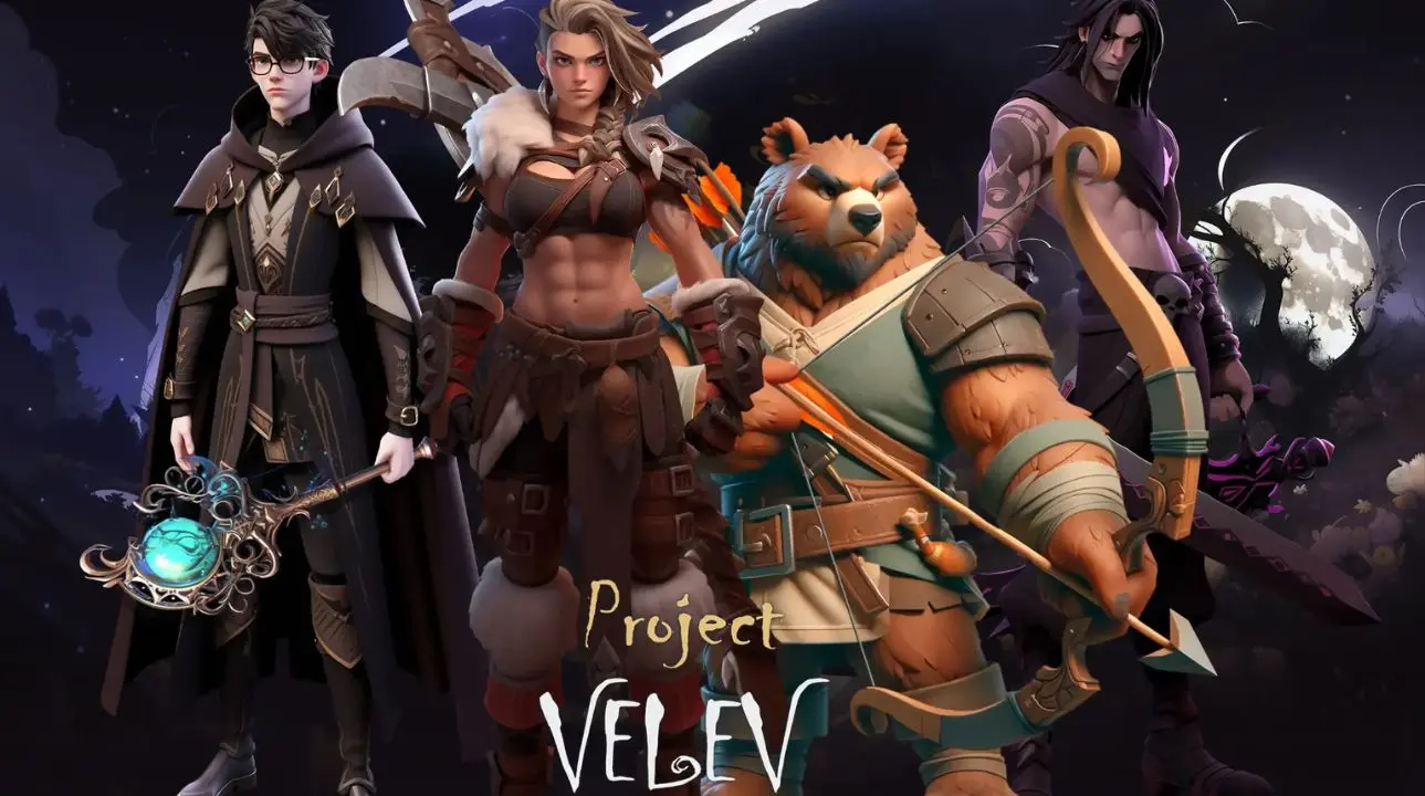 Beneath VELEV RPG artwork featuring heroes and mythical creatures in an underground world