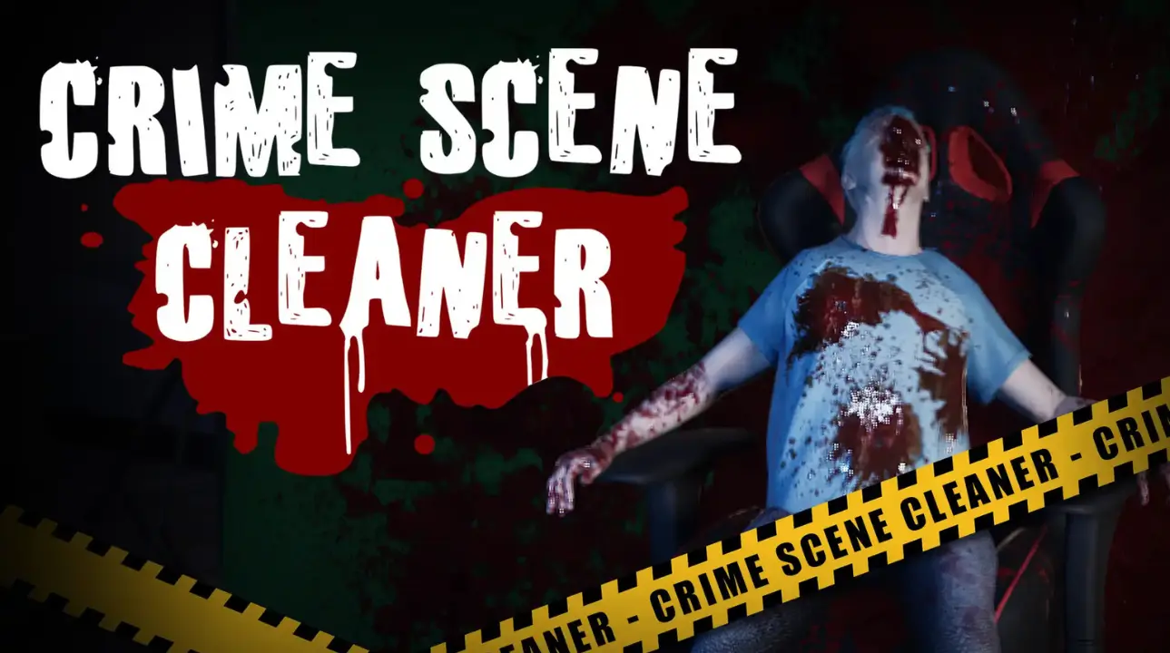 Crime Scene Cleaner title with bloodied victim in chair
