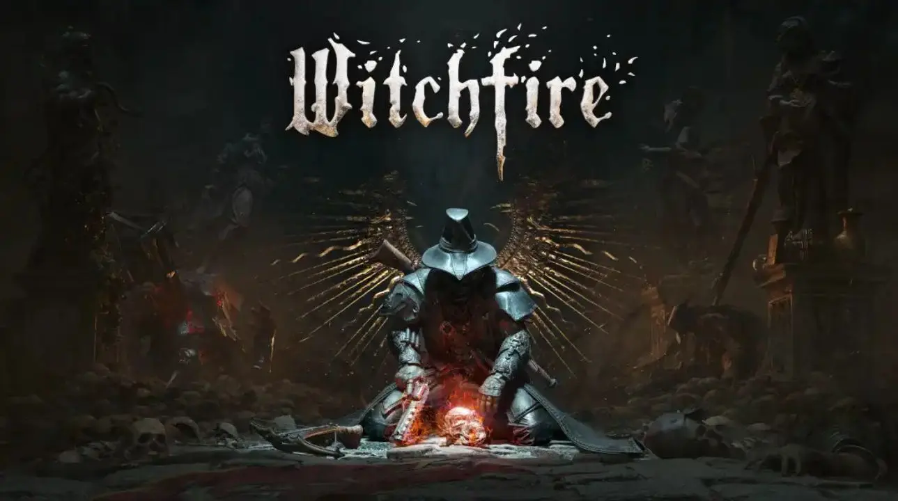 Witchfire key art showing a witch hunter kneeling in a dark cathedral with the Witchfire logo above.