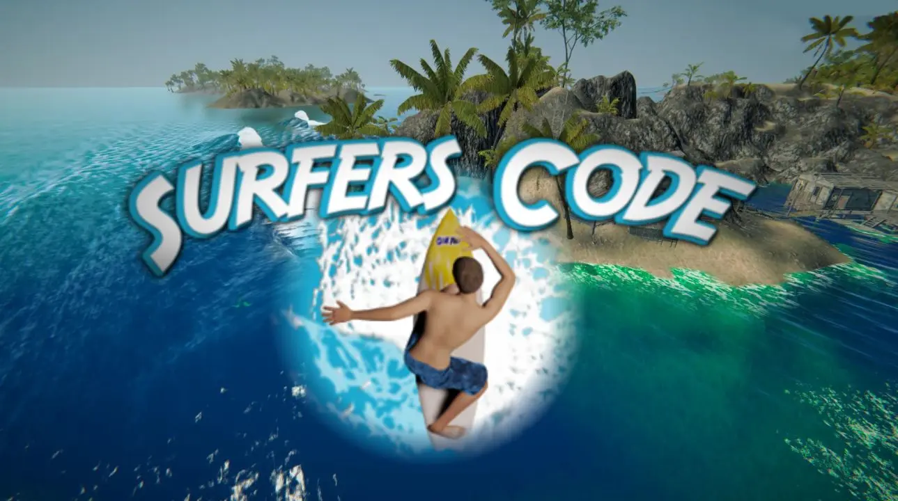 Surfers Code logo above an aerial view of a surfer riding a wave near a tropical island.