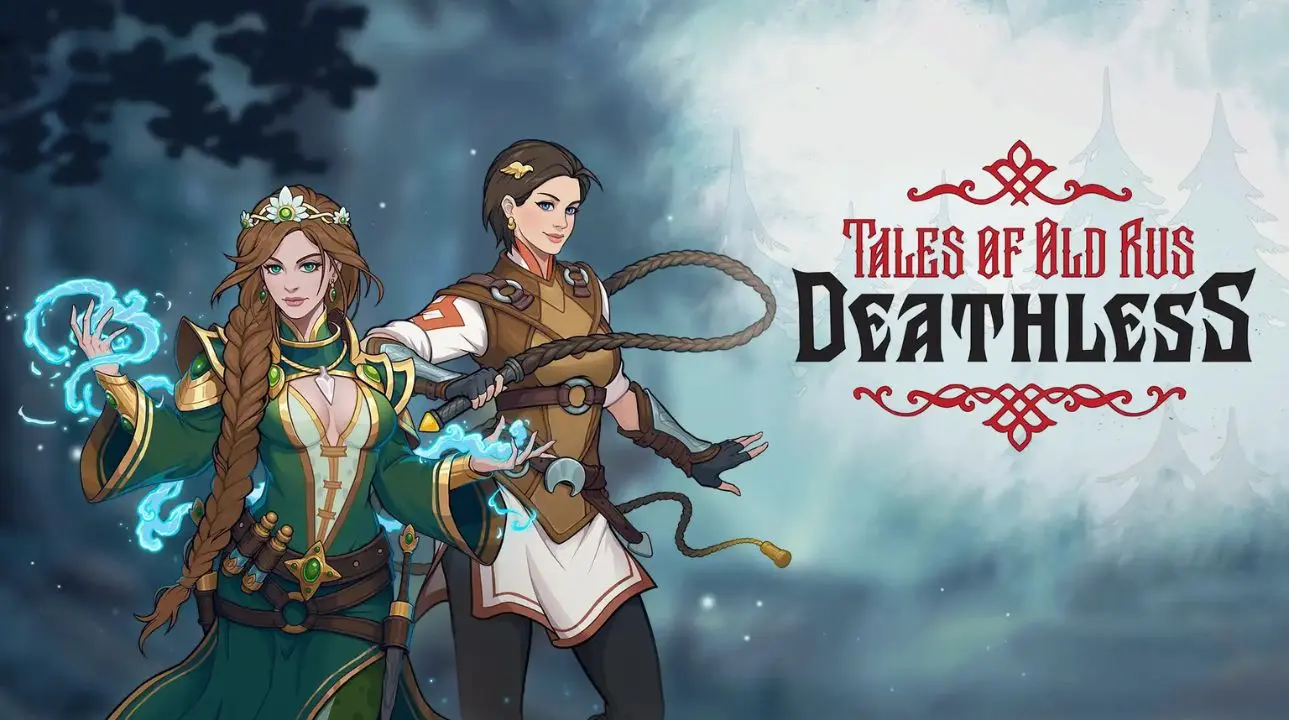 Deathless Tales of Old Rus key art with two heroes standing before a dark, mystical forest and the game logo.