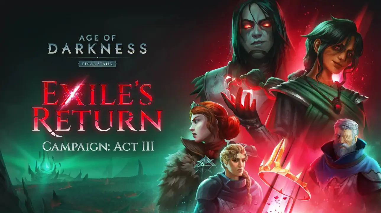 Age of Darkness Final Stand Veil’s Return Act III key art showing heroes framed in red and green light with the game logo.