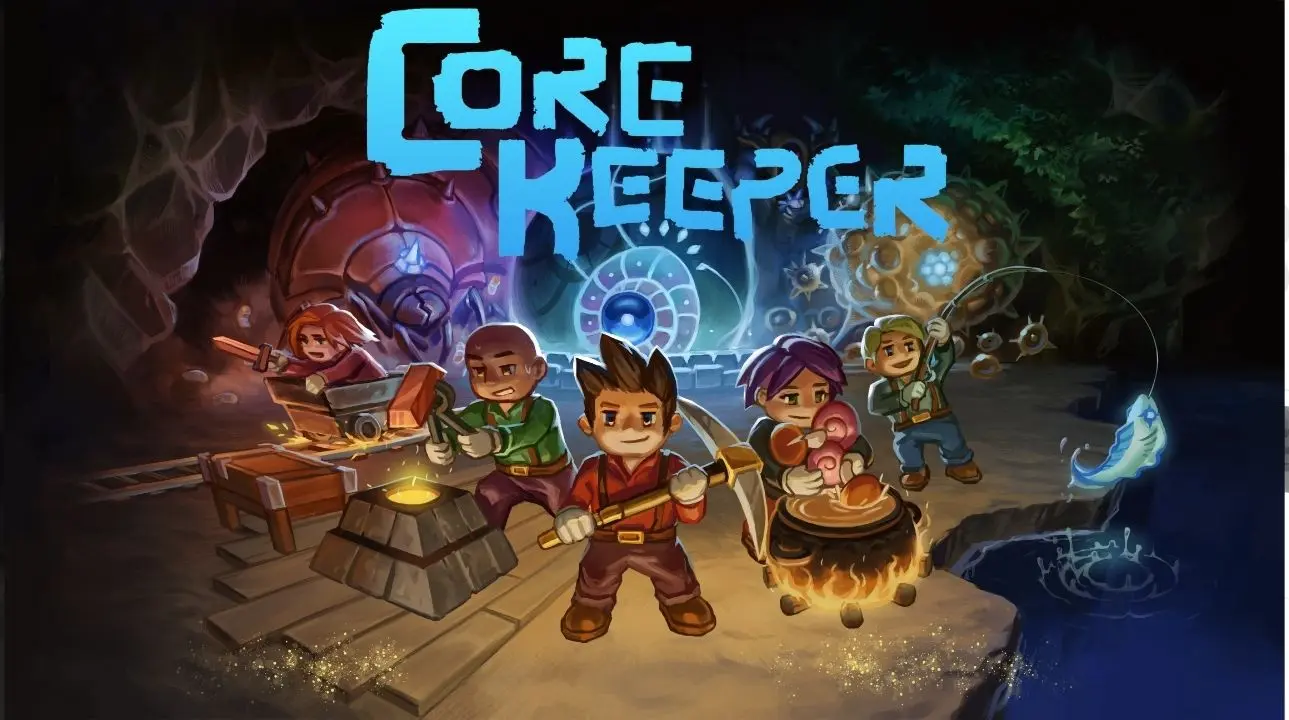 Core Keeper 1.0 key art with pixel-art explorers standing around a glowing underground core.