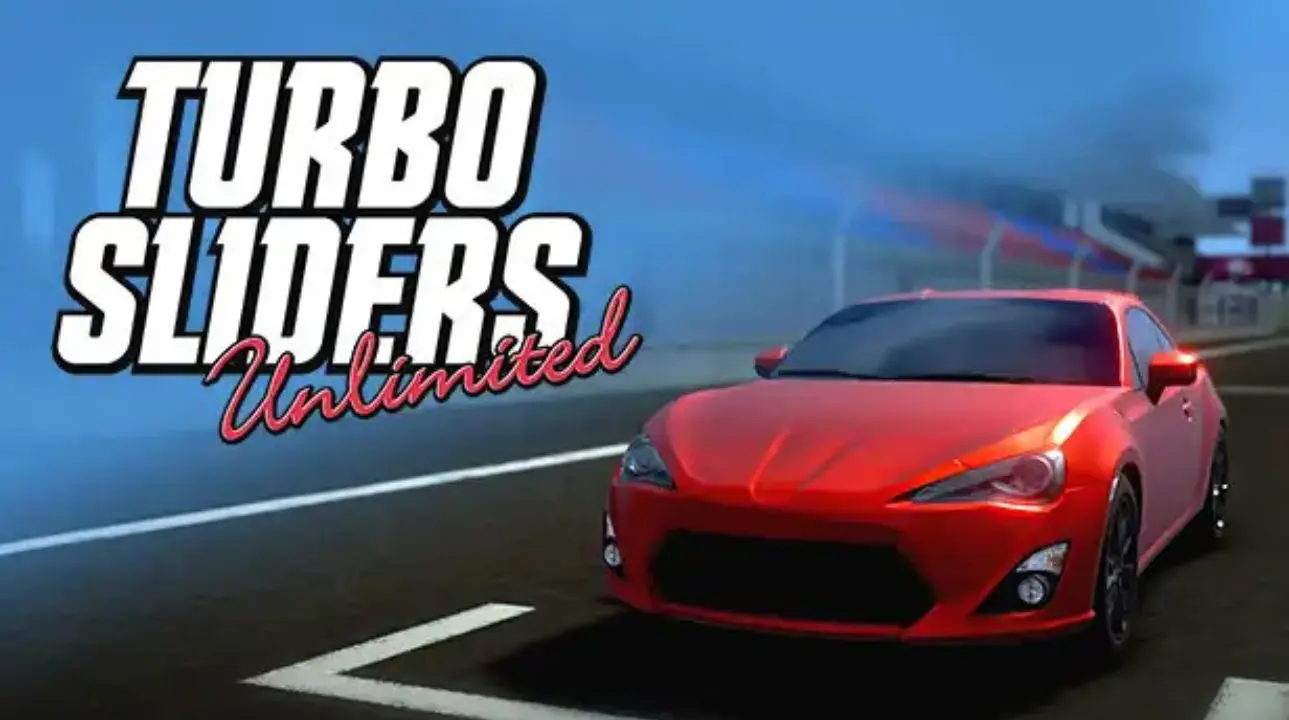 Turbo Sliders Unlimited full release key art with a red sports car racing on a track under a blue sky.