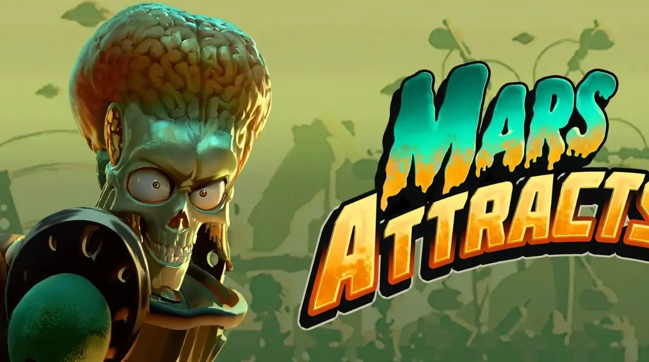 Mars Attracts key art showing a green Martian in a spacesuit with the Mars Attracts logo behind him.