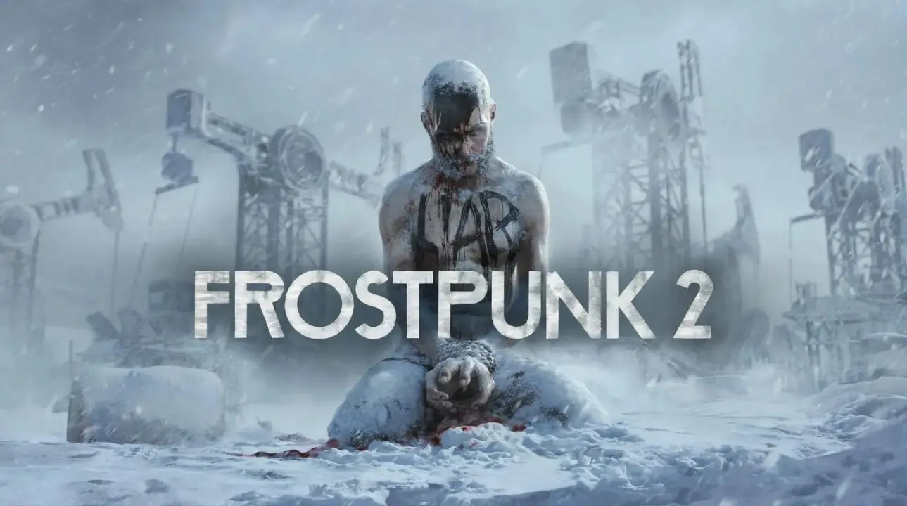 Key art for Frostpunk 2 showing a shackled man in the snow with “LIAR” painted on his chest and industrial towers in the storm.