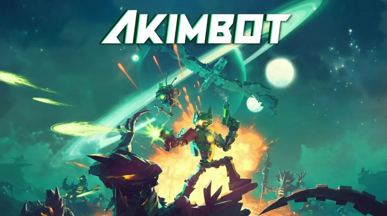 Akimbot key art showing outlaw robot Exe and Shipset blasting through explosions on a green sci-fi planet.