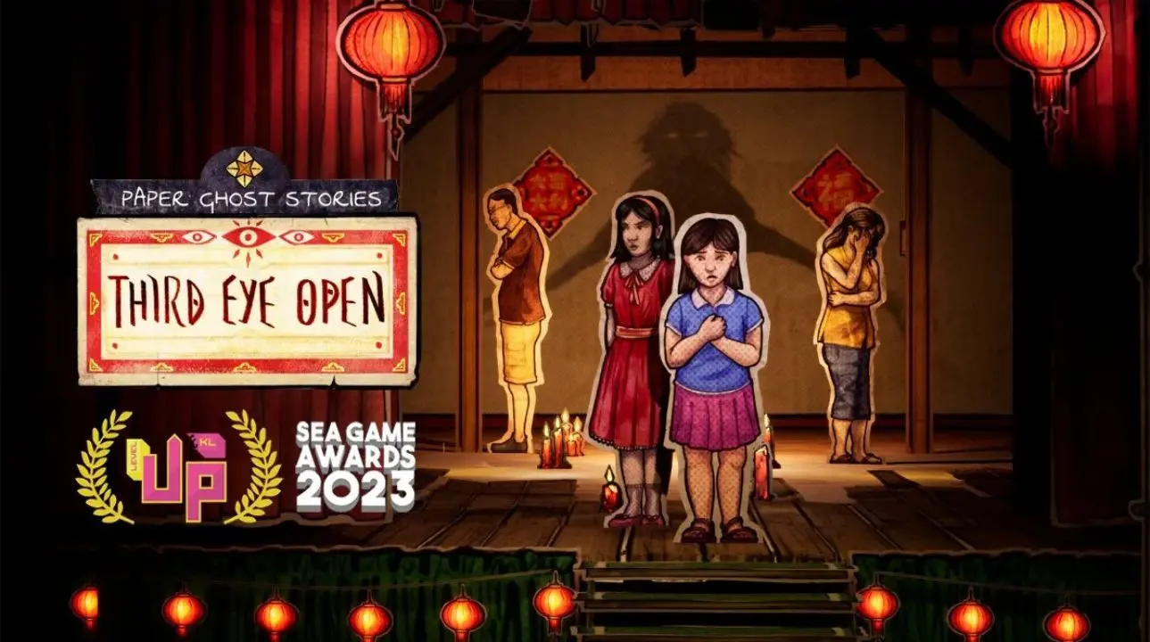 Paper Ghost Stories: Third Eye Open key art showing Ting and a ghostly friend standing on a paper theatre stage with lanterns and Malaysian decor.
