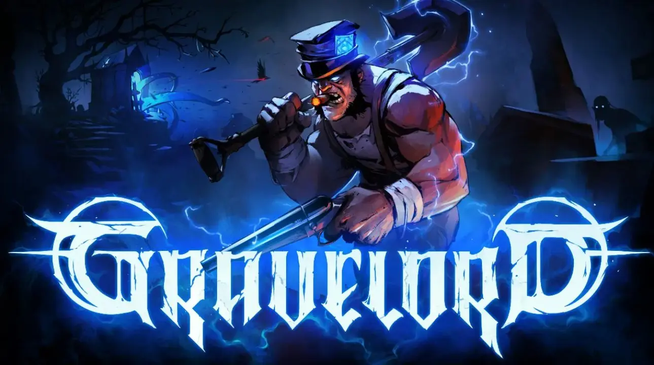 GRAVELORD official artwork featuring Queedo the Gravedigger in a dark boomer shooter setting