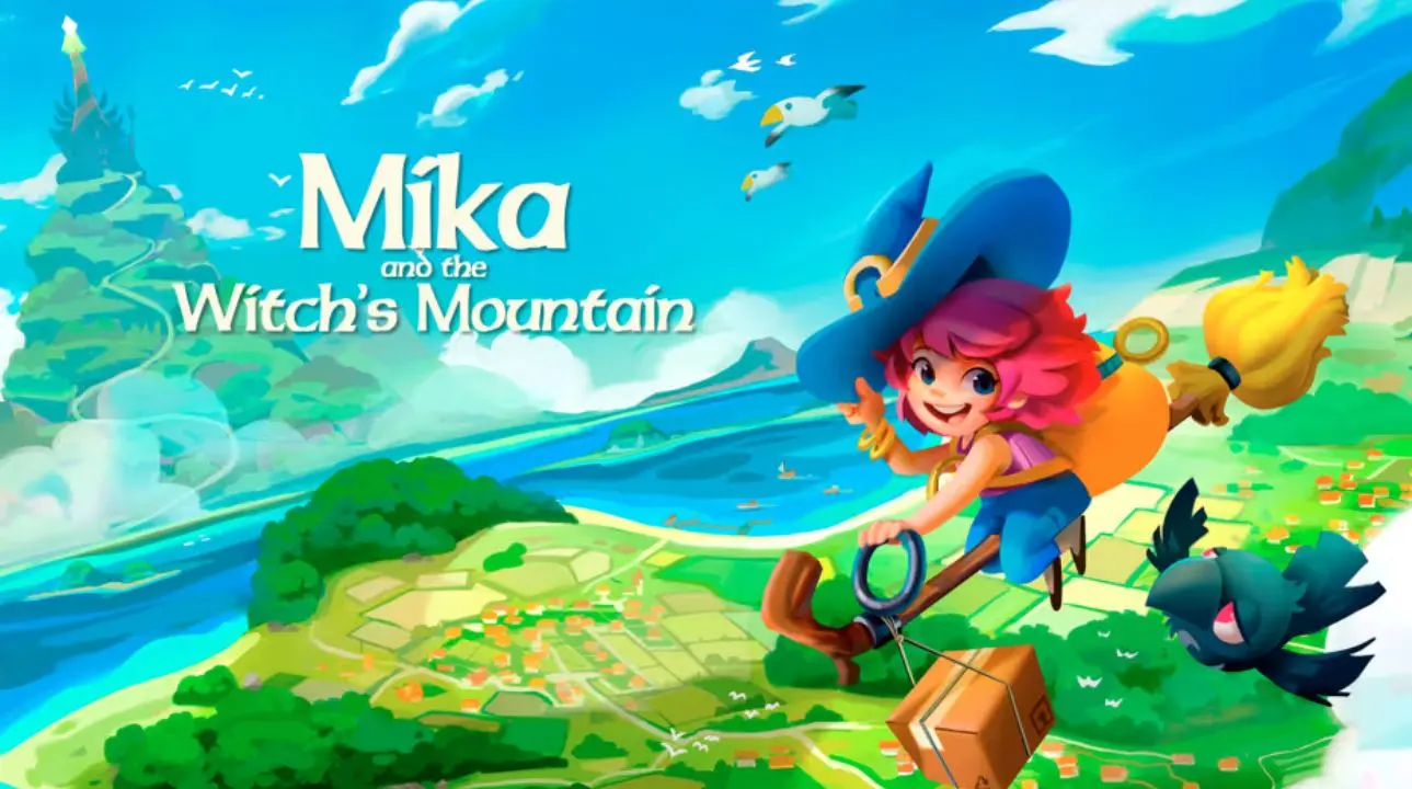 Mika and the Witch's Mountain official artwork showing Mika flying on her magical broom across a colorful island landscape