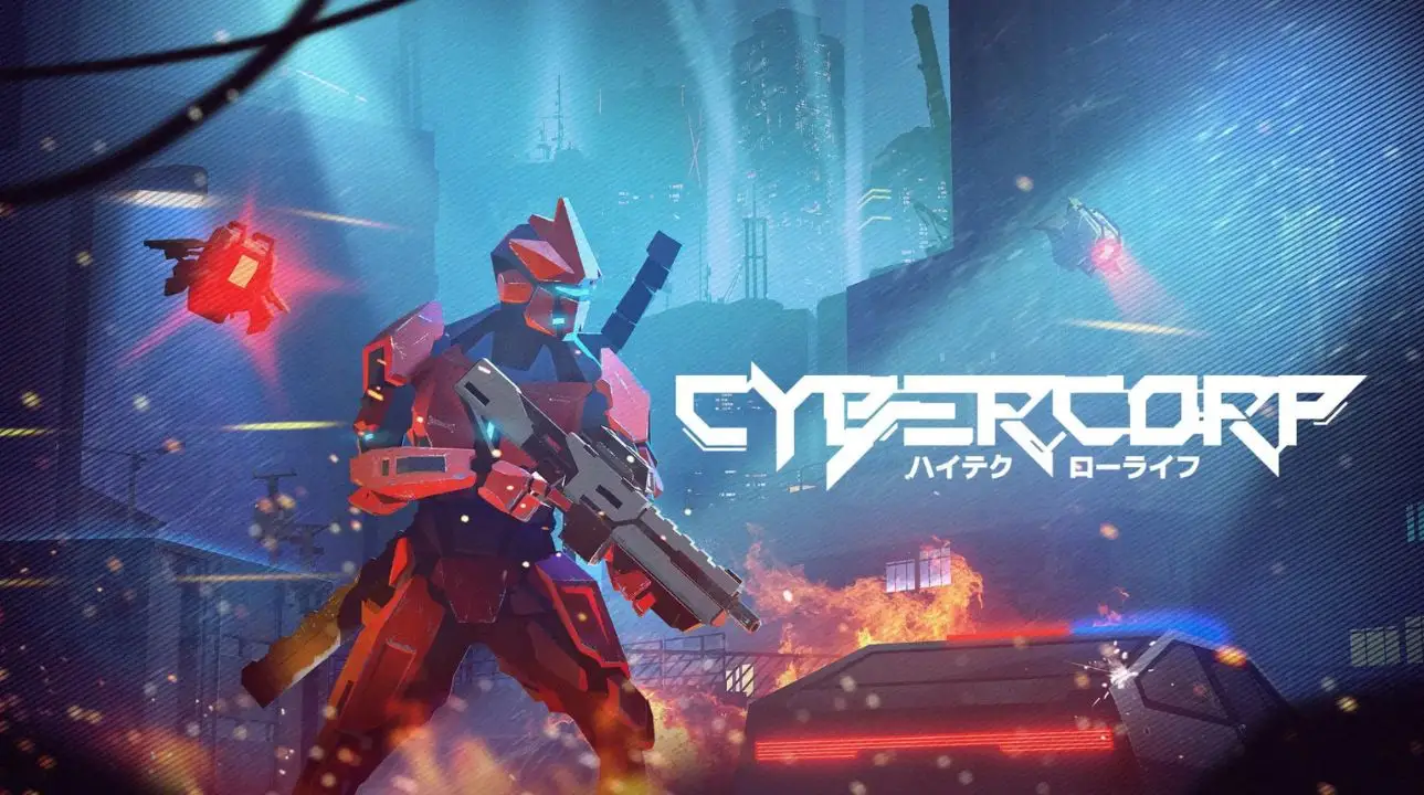 CyberCorp official artwork featuring a cyberpunk soldier in a neon-dystopian cityscape