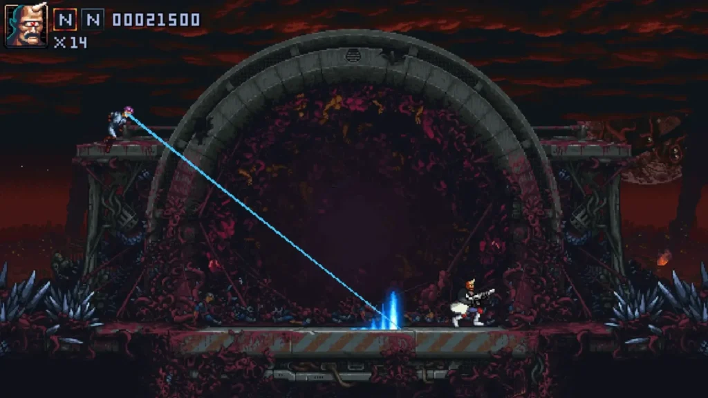 Iron Meat screenshot — grotesque bio-mech environment with player in combat