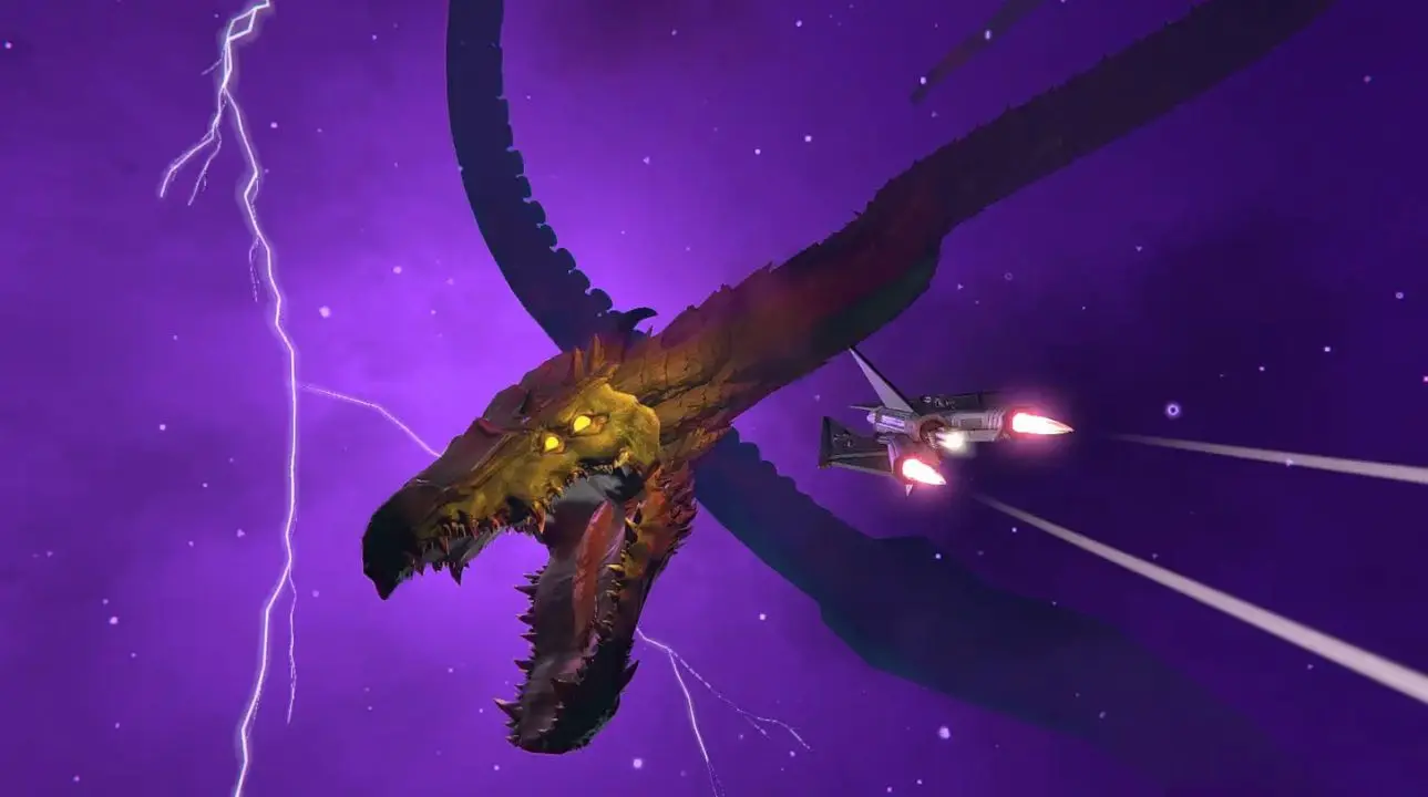 Spaceship flying through lightning storm in Underspace game