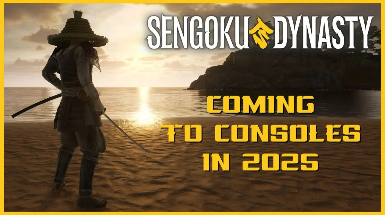 Sengoku Dynasty key art with a samurai on the beach and the text “Coming to consoles in 2025”