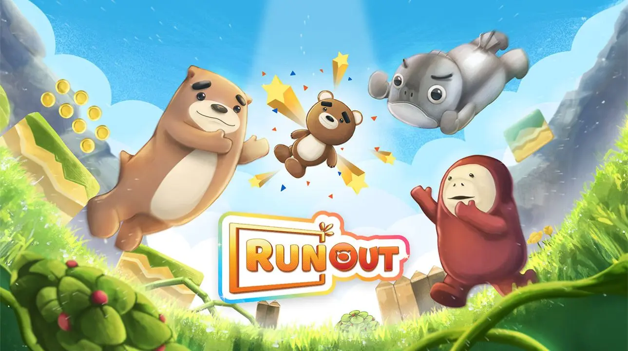 RUNOUT Run & Fun Together key art with cute animal characters racing down a grassy track.