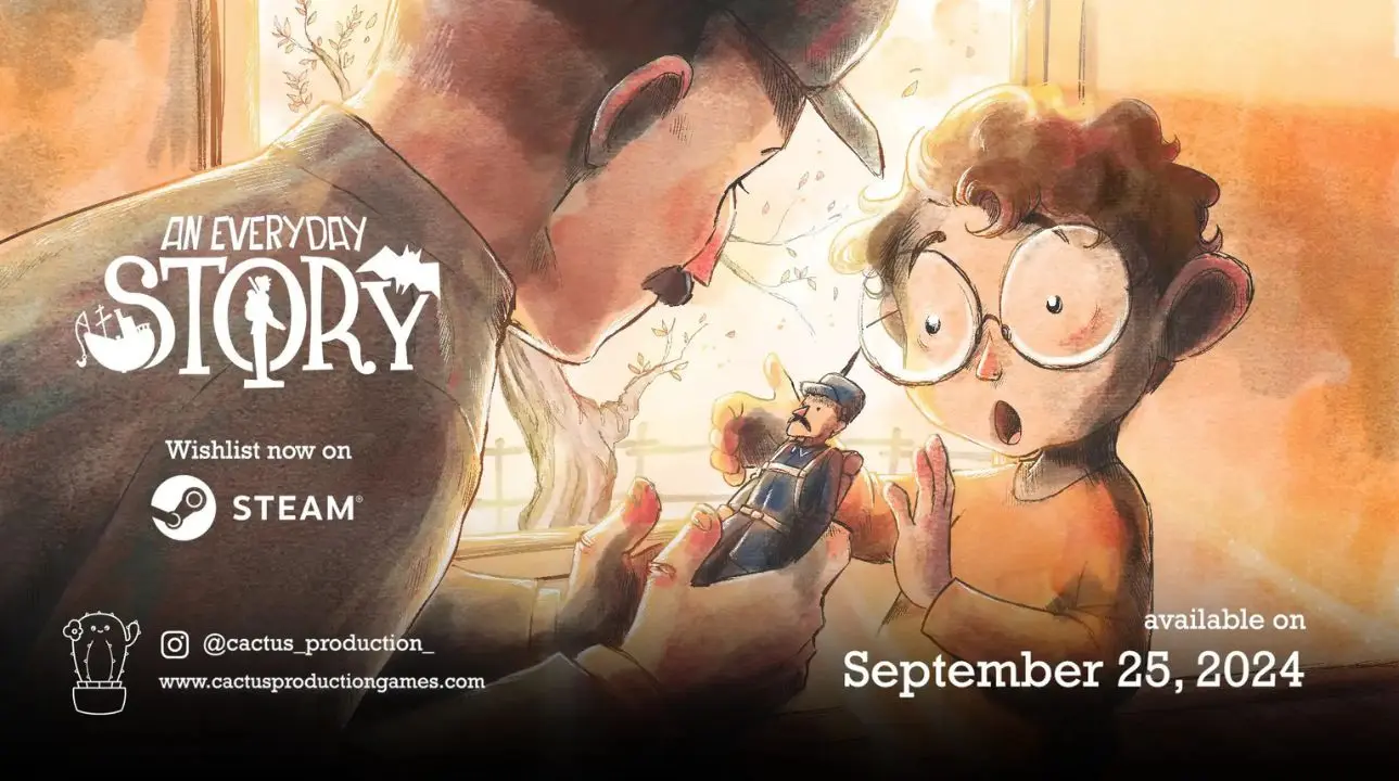 An Everyday Story key art featuring two handcrafted trinket characters representing childhood memories from the Italian-American narrative adventure game.