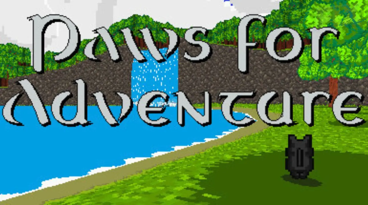 Paws for Adventure game cover featuring Cocoa the cat exploring a retro pixel world.