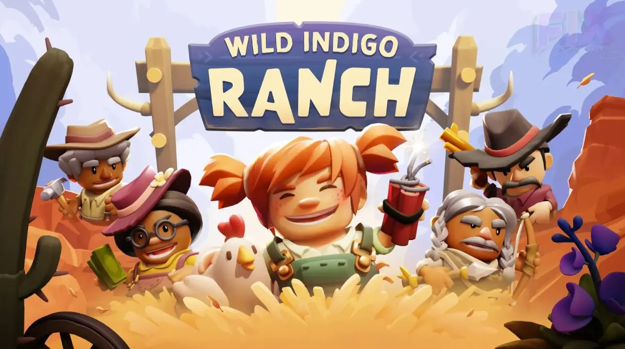 Wild Indigo Ranch game key art featuring cowboys, horses, and a western town backdrop