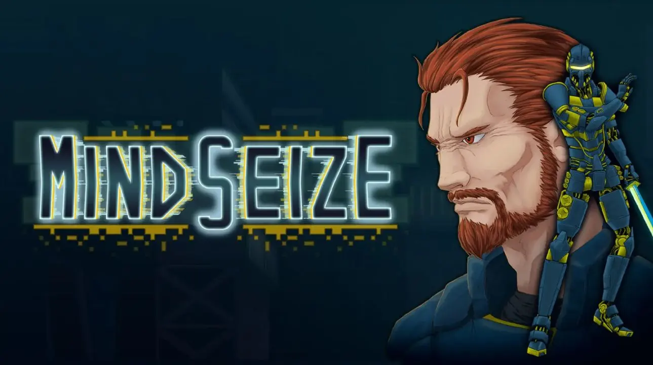 MindSeize game cover featuring M.C. Fox in a sci-fi battle stance with robotic visuals
