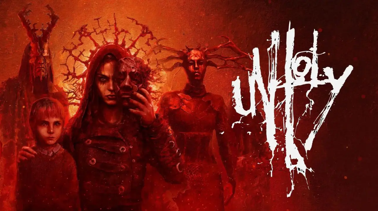 Key art for Unholy showing a masked woman, a child, and robed figures in a red, nightmarish scene.