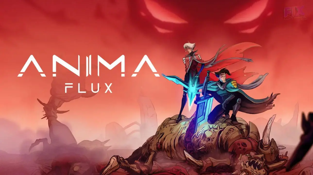 Two elite soldiers stand back-to-back in a red sci-fi city key art for Anima Flux, a co-op metroidvania set in space.