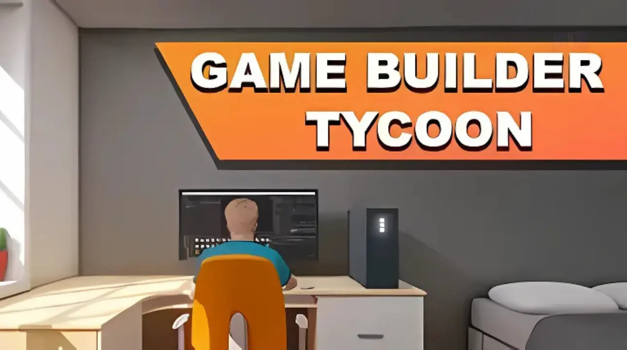 Person at desk with Game Builder Tycoon logo on screen