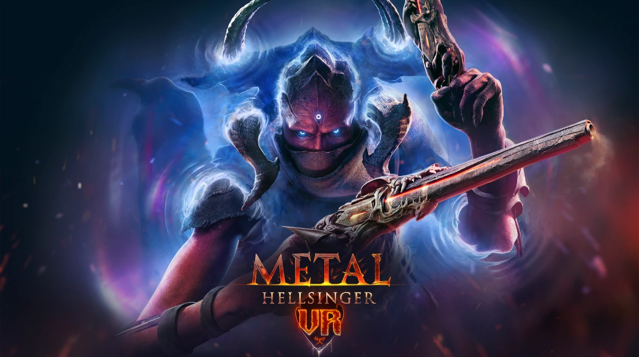 Character from Metal Hellsinger VR aiming twin pistols in a fiery, rhythm-fueled action scene