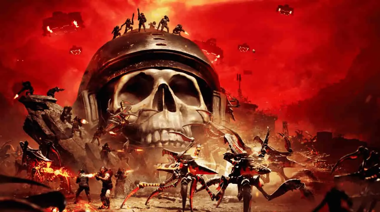 Chaotic battle scene from Starship Troopers: Extermination featuring troopers fighting giant alien bugs in front of a massive skull helmet, under a red sky.