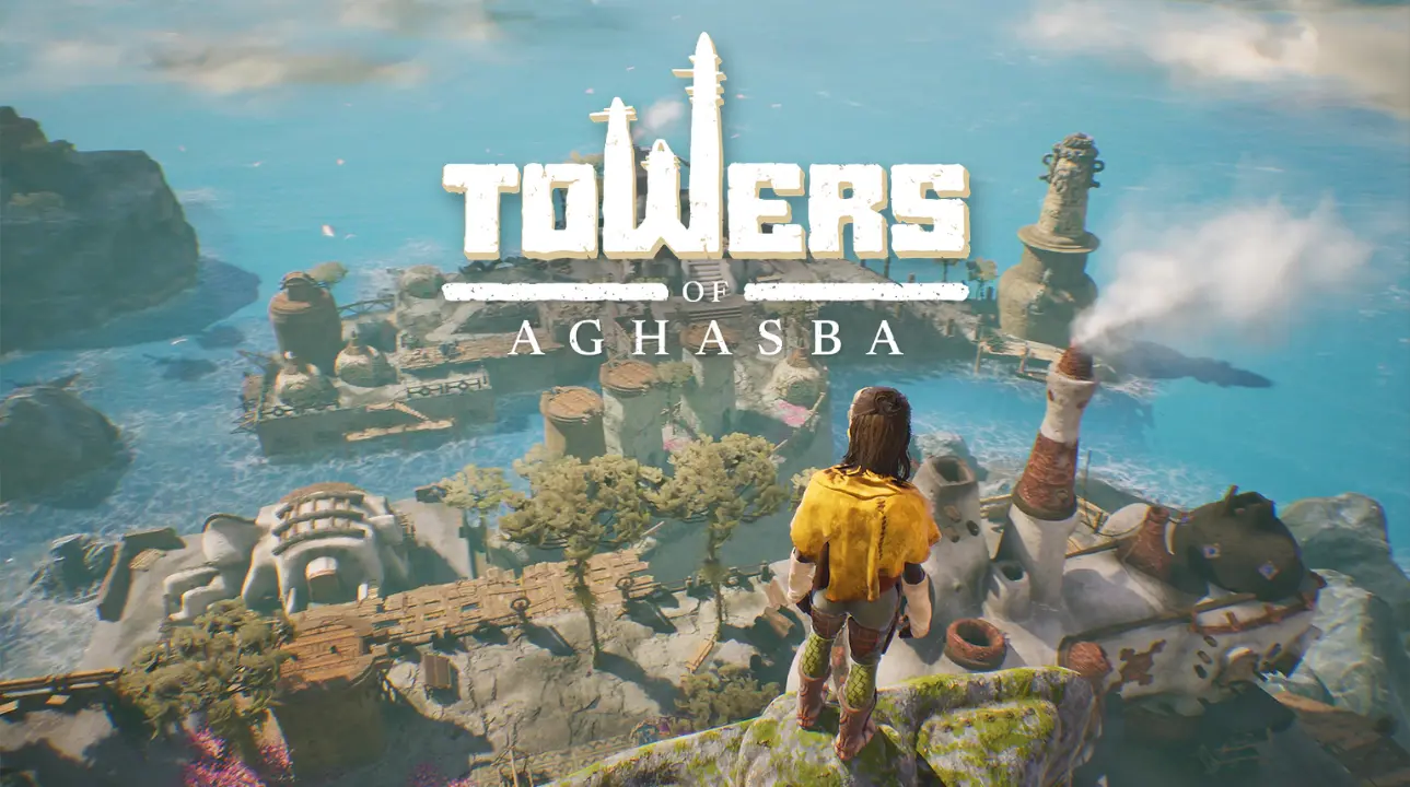 Towers of Aghasba official title screen showcasing the logo over a mystical island backdrop