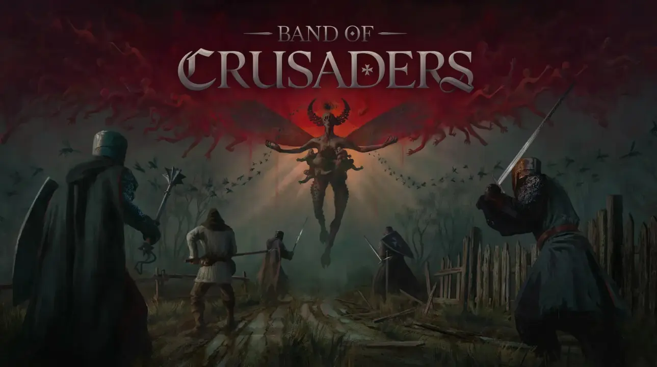 Band of Crusaders – Dark medieval fantasy promo image with looming figures and red sigils