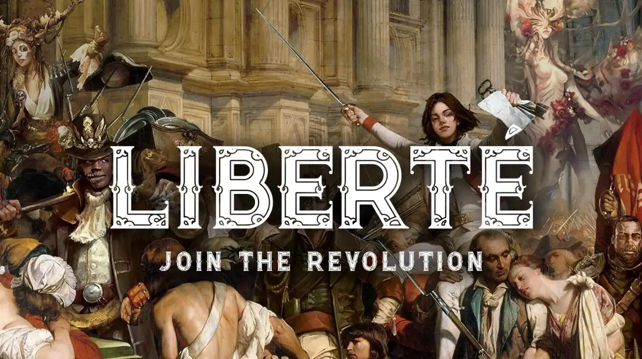 Liberte key art showing chaos in revolutionary Paris, blending historical action with Lovecraftian horror.