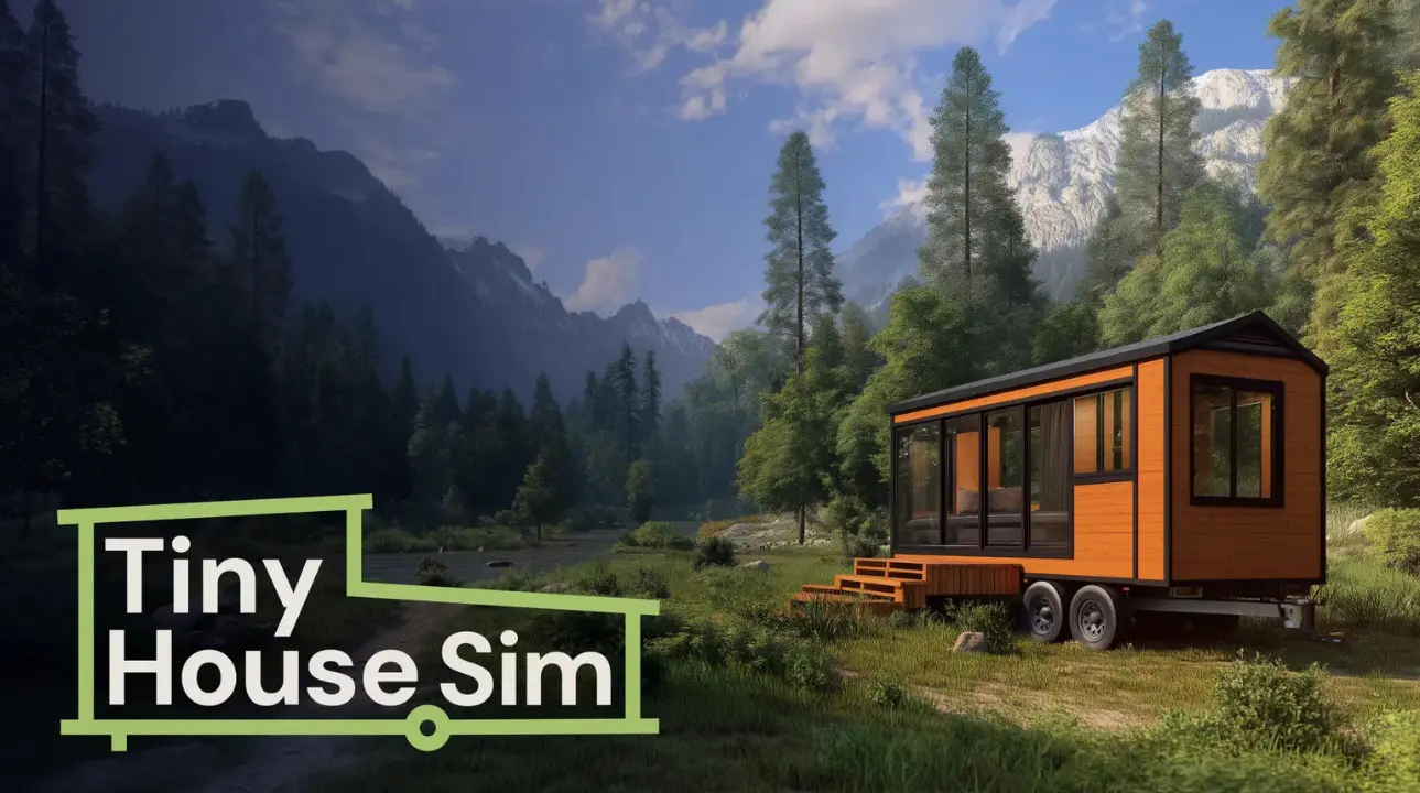 Tiny House Sim game screenshot showing a cabin in nature with pixel art style