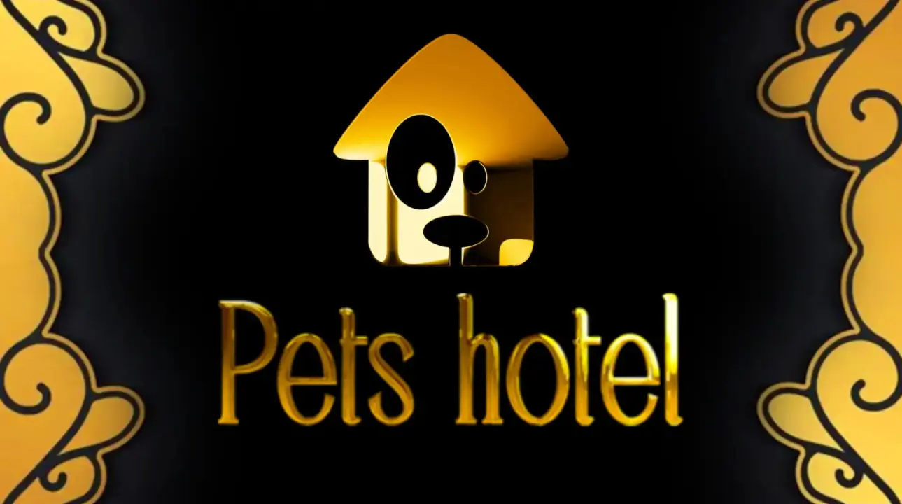 Pets Hotel game logo with golden ornamental border on black background